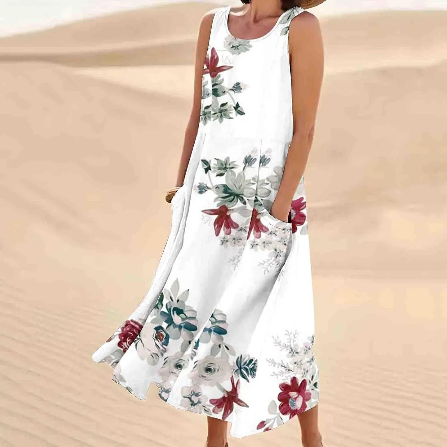 Womens Spring Summer Dresses Casual Round Neck Pleated Solid Color Beach Dress Swing Pleated Casual Vacation Dresses
