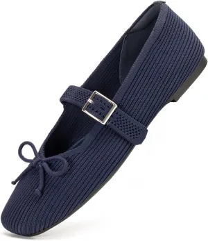Women's Square Toe Flats With Bowknot, Mary Jane Ballet Washable Knit Shoes, Adjustable Straps, Comfortable Office Wear
