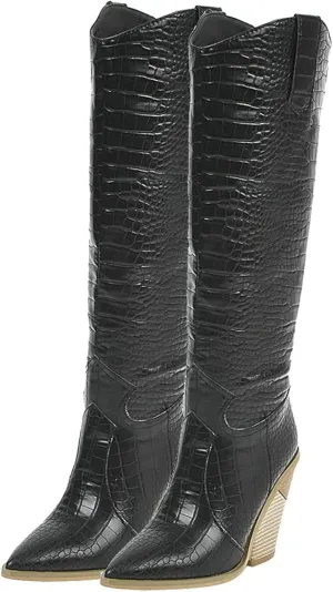 Womens Stacked Chunky Heels Cowgirl Boots Knee High Pointed Toe Cowboy Boots