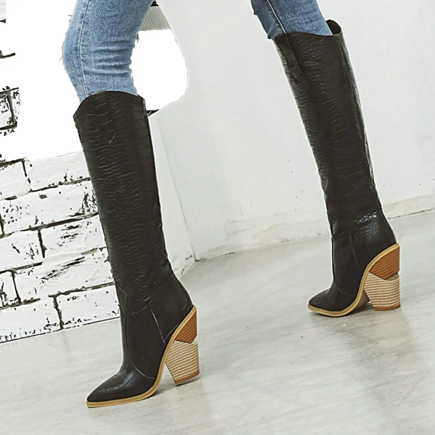 Womens Stacked Chunky Heels Cowgirl Boots Knee High Pointed Toe Cowboy Boots