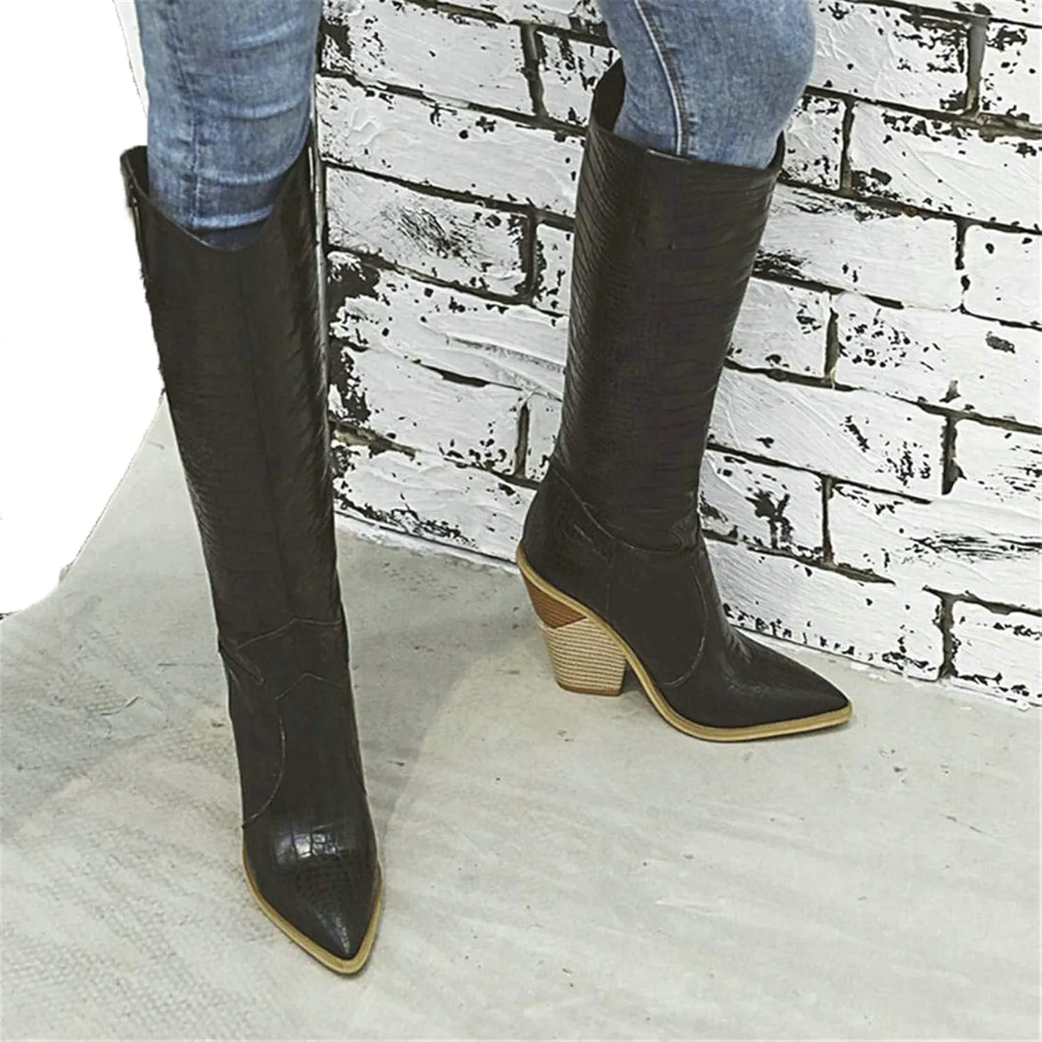 Womens Stacked Chunky Heels Cowgirl Boots Knee High Pointed Toe Cowboy Boots
