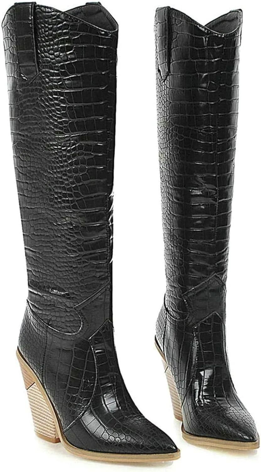 Womens Stacked Chunky Heels Cowgirl Boots Knee High Pointed Toe Cowboy Boots