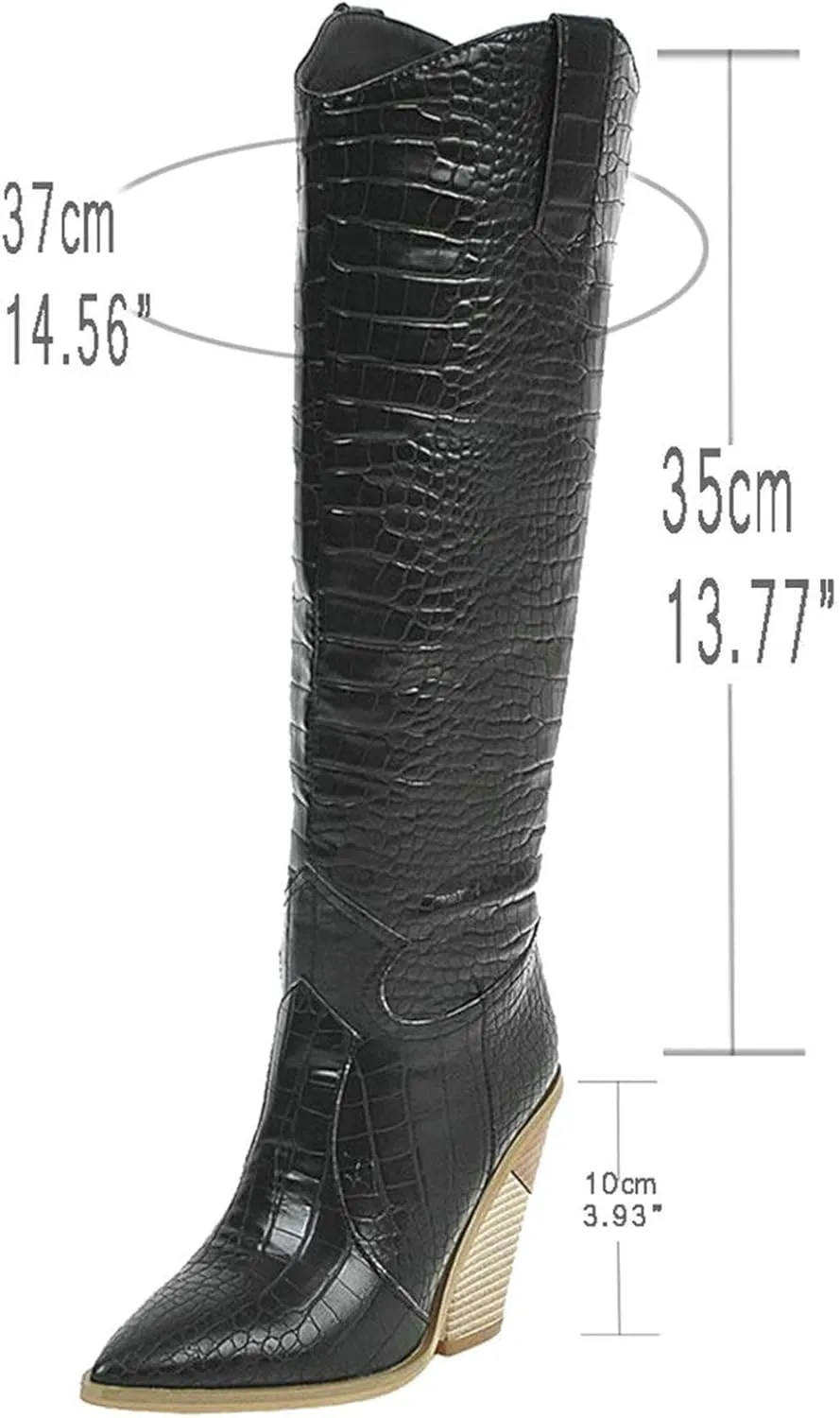 Womens Stacked Chunky Heels Cowgirl Boots Knee High Pointed Toe Cowboy Boots