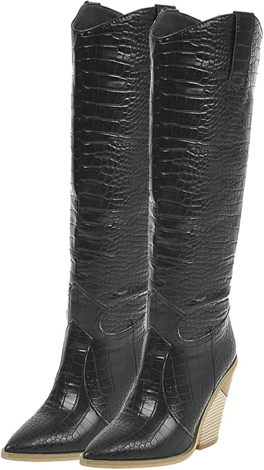 Womens Stacked Chunky Heels Cowgirl Boots Knee High Pointed Toe Cowboy Boots
