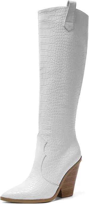 Women's Stacked Chunky Heels Knee High Boots Crocodile Print Western Cowboy Cowgirl Boots Pointed Toe Zipper Long Boots