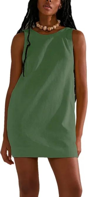 Womens Summer Crew Neck Sleeveless Open Back Dress Casual Beach Sunshine Cotton Linen Mini Dress