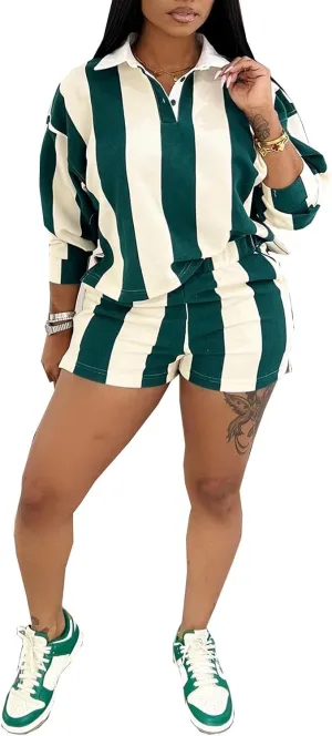 Women's Summer Tracksuits 2 PCS Striped Color Block Lapel Neck Button Long Sleeve Top Elastic Waisted Shorts Set