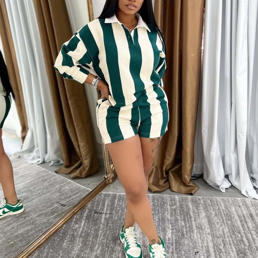 Women's Summer Tracksuits 2 PCS Striped Color Block Lapel Neck Button Long Sleeve Top Elastic Waisted Shorts Set