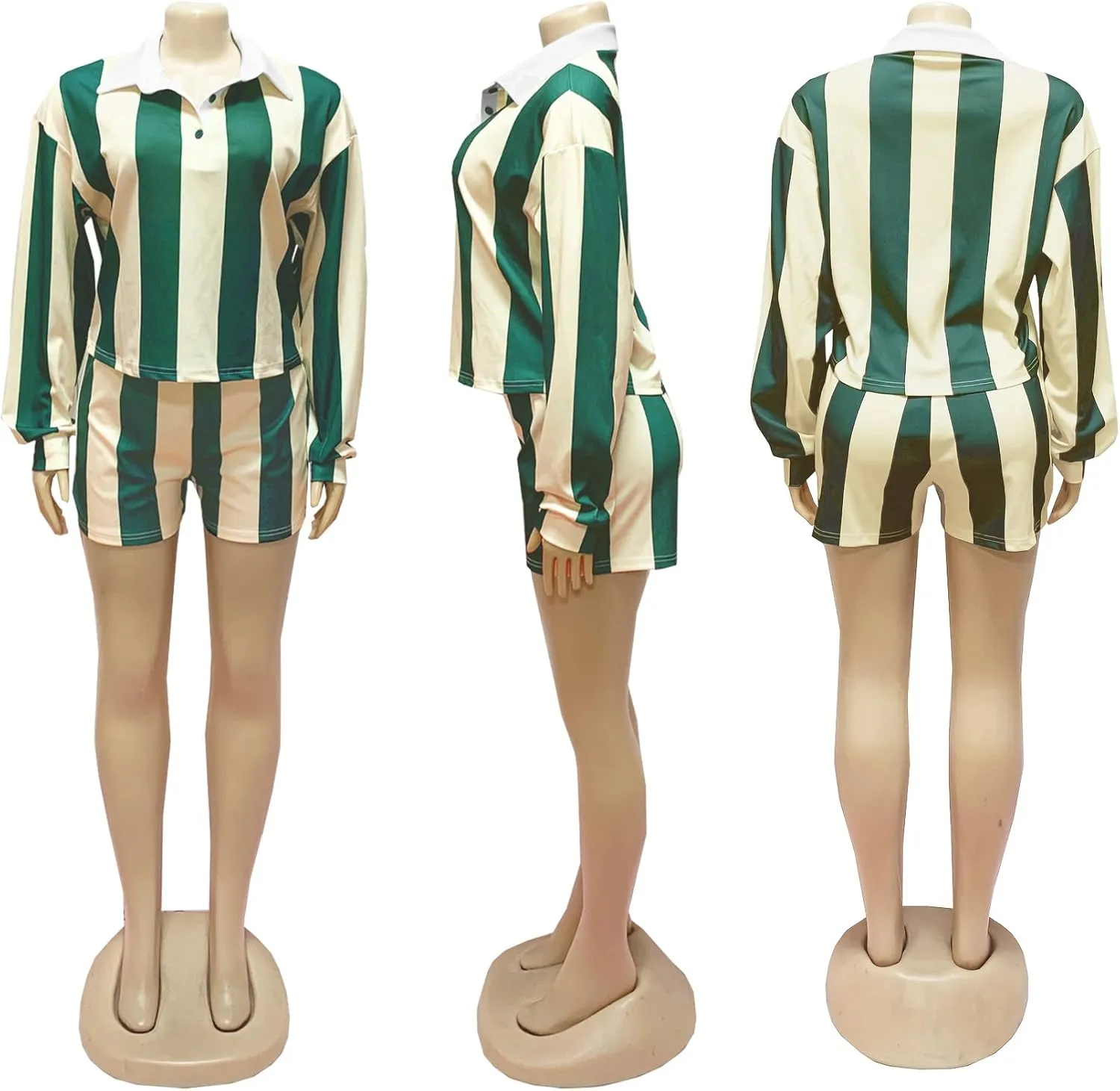 Women's Summer Tracksuits 2 PCS Striped Color Block Lapel Neck Button Long Sleeve Top Elastic Waisted Shorts Set