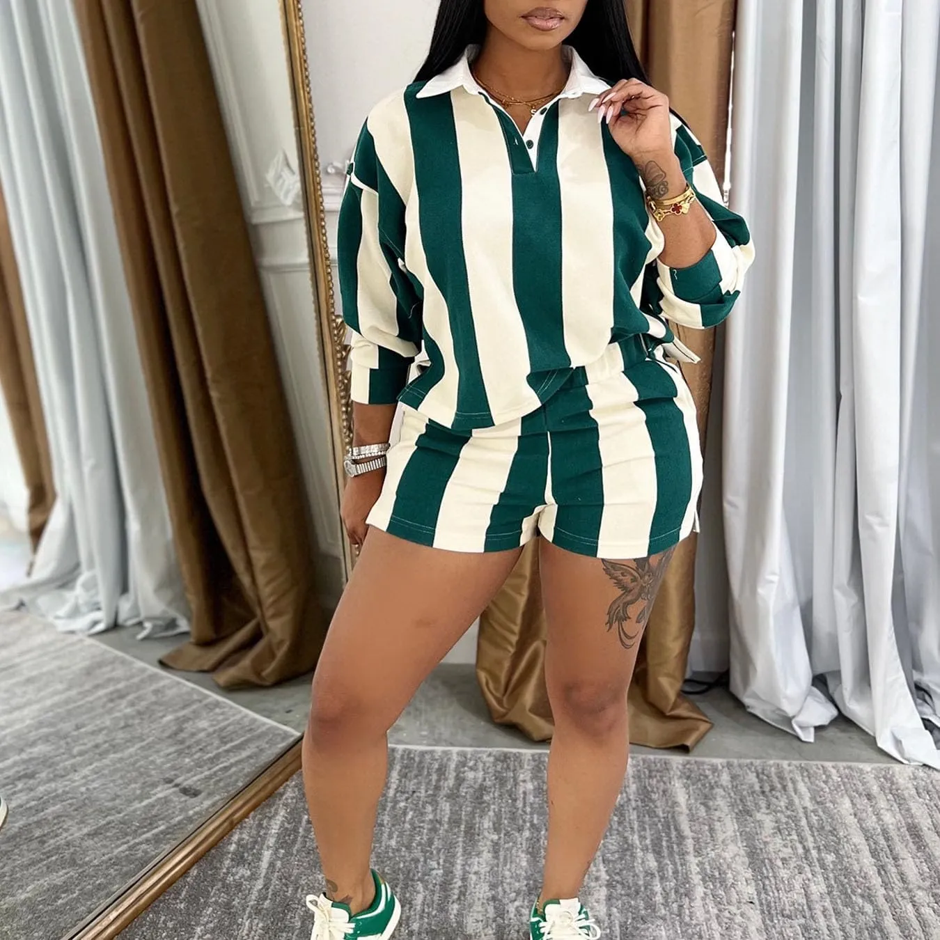 Women's Summer Tracksuits 2 PCS Striped Color Block Lapel Neck Button Long Sleeve Top Elastic Waisted Shorts Set