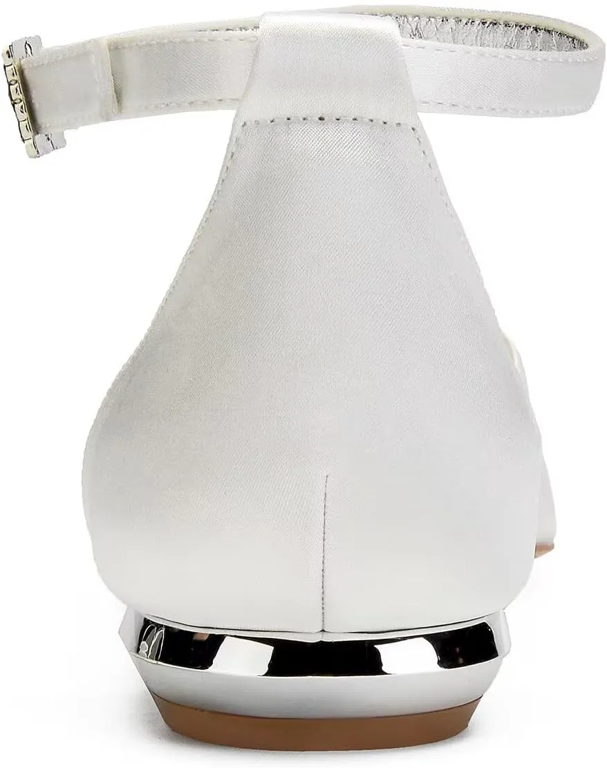 Women's Wedding Shoes for Bride Flats Pointed Toe Pumps Rhinestones Satin Ankle Strap Bridal Shoes