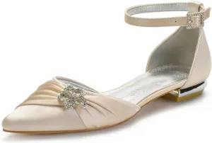Women's Wedding Shoes for Bride Flats Pointed Toe Pumps Rhinestones Satin Ankle Strap Bridal Shoes