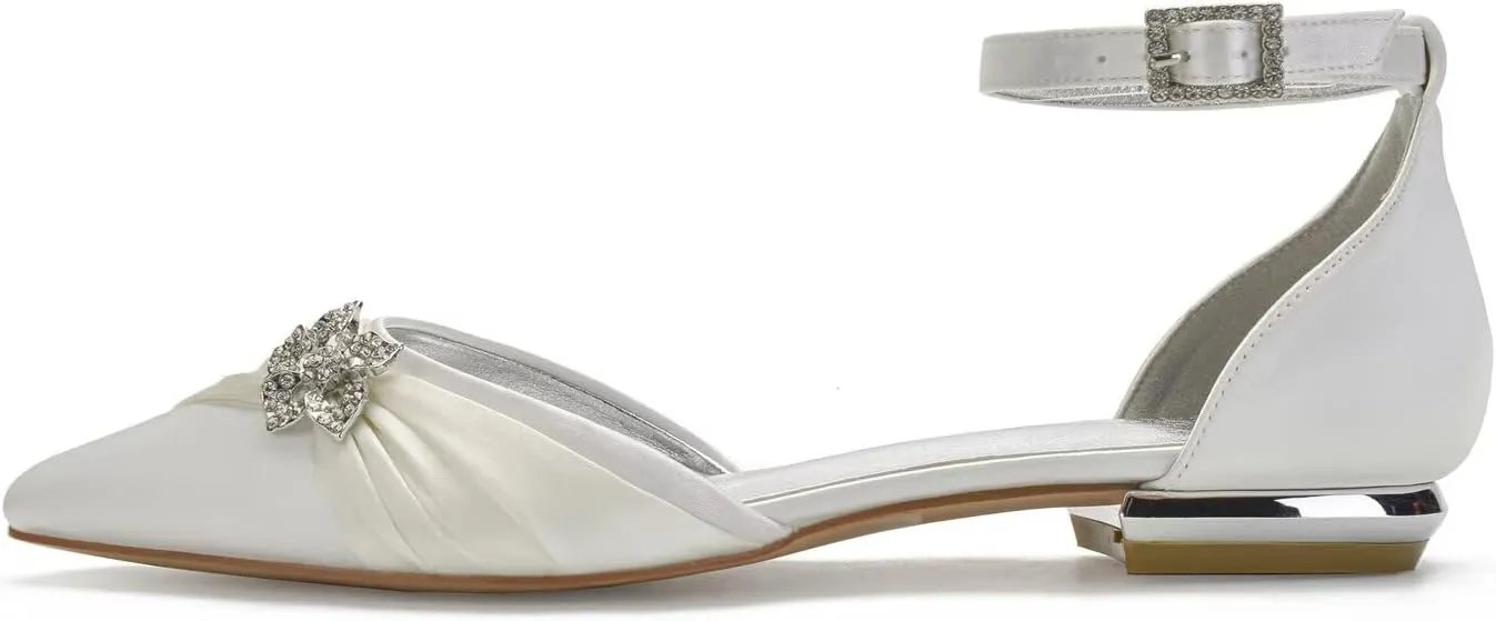 Women's Wedding Shoes for Bride Flats Pointed Toe Pumps Rhinestones Satin Ankle Strap Bridal Shoes