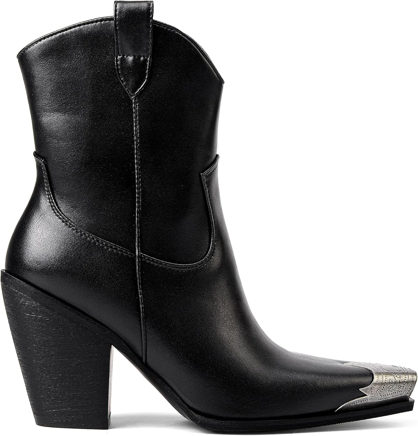 Womens Western Ankle Boots Engraved Metal Toe Cowgirl Booties Stacked Block Heeled Cowboy Boots Fashion Western Party Heeled Shoes