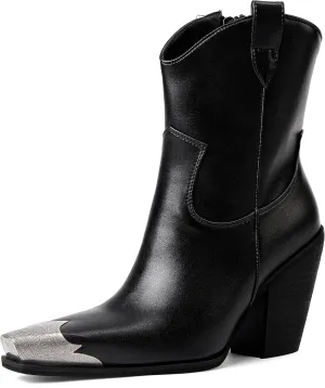 Womens Western Ankle Boots Engraved Metal Toe Cowgirl Booties Stacked Block Heeled Cowboy Boots Fashion Western Party Heeled Shoes