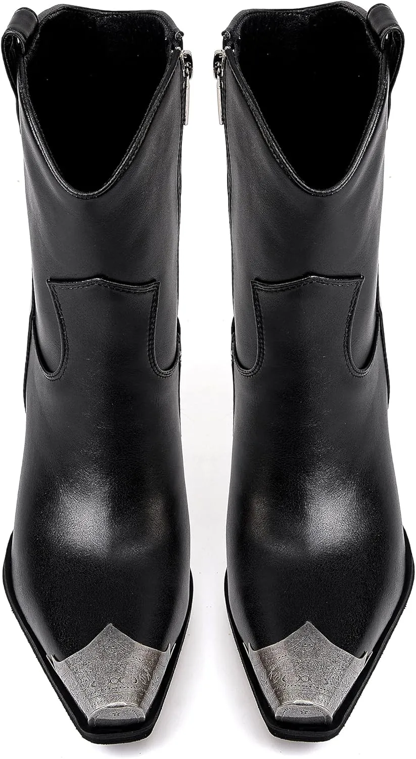 Womens Western Ankle Boots Engraved Metal Toe Cowgirl Booties Stacked Block Heeled Cowboy Boots Fashion Western Party Heeled Shoes