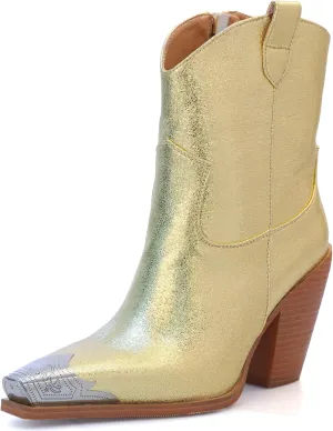 Womens Western Ankle Boots Engraved Metal Toe Cowgirl Booties Stacked Block Heeled Cowboy Boots Fashion Western Party Heeled Shoes