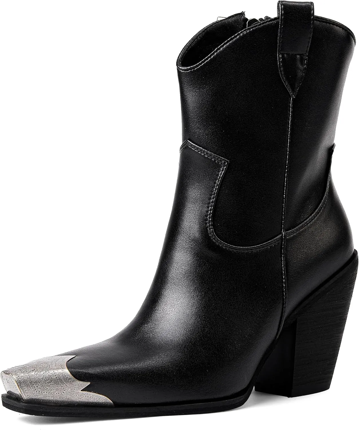 Womens Western Ankle Boots Engraved Metal Toe Cowgirl Booties Stacked Block Heeled Cowboy Boots Fashion Western Party Heeled Shoes