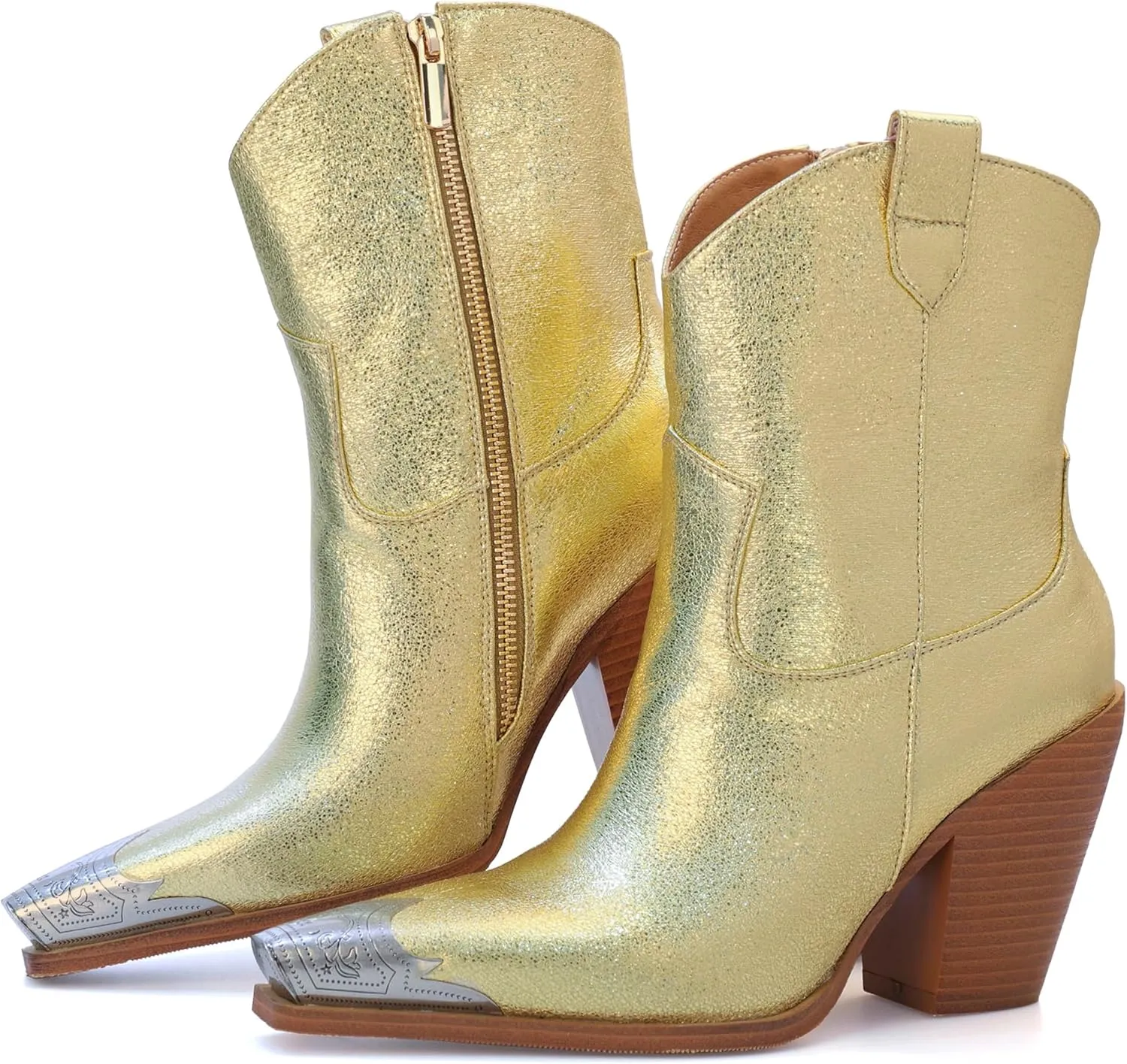 Womens Western Ankle Boots Engraved Metal Toe Cowgirl Booties Stacked Block Heeled Cowboy Boots Fashion Western Party Heeled Shoes
