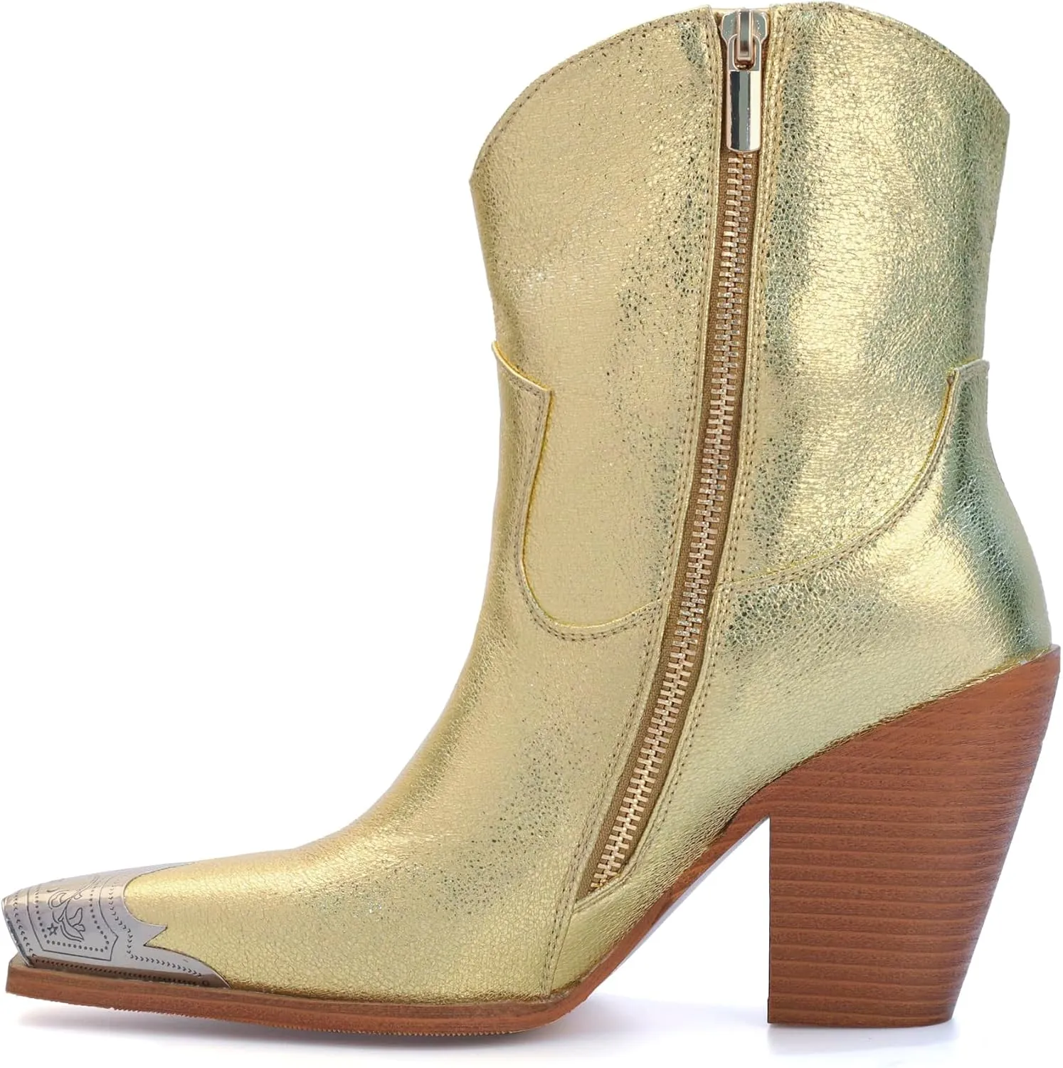 Womens Western Ankle Boots Engraved Metal Toe Cowgirl Booties Stacked Block Heeled Cowboy Boots Fashion Western Party Heeled Shoes
