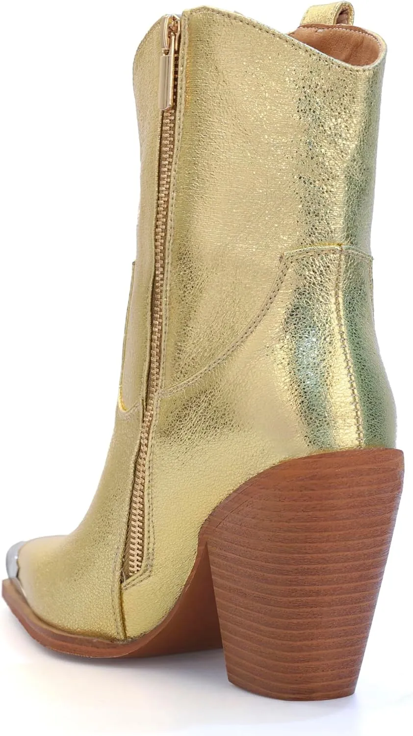 Womens Western Ankle Boots Engraved Metal Toe Cowgirl Booties Stacked Block Heeled Cowboy Boots Fashion Western Party Heeled Shoes