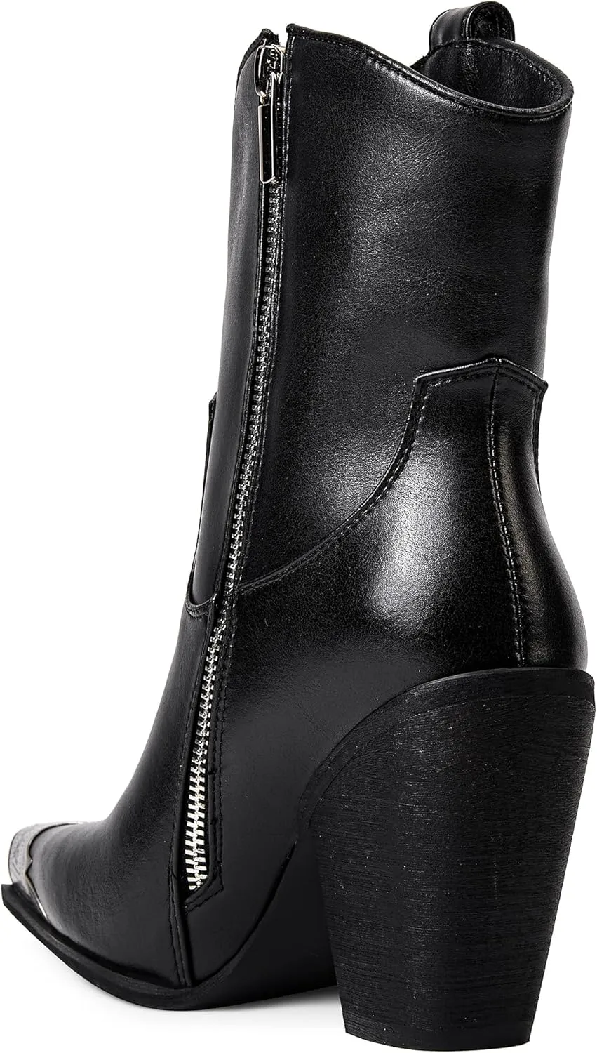 Womens Western Ankle Boots Engraved Metal Toe Cowgirl Booties Stacked Block Heeled Cowboy Boots Fashion Western Party Heeled Shoes
