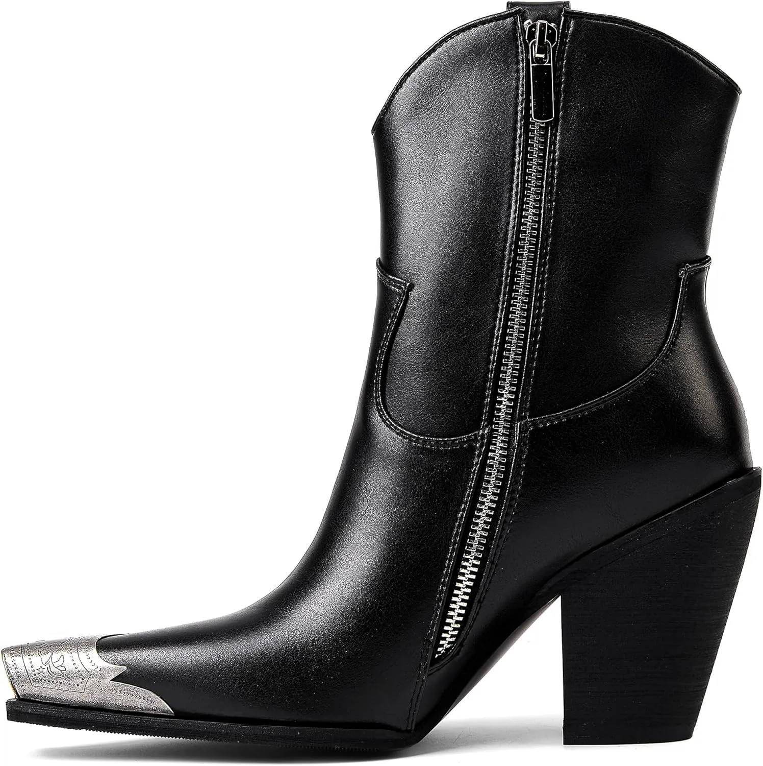 Womens Western Ankle Boots Engraved Metal Toe Cowgirl Booties Stacked Block Heeled Cowboy Boots Fashion Western Party Heeled Shoes