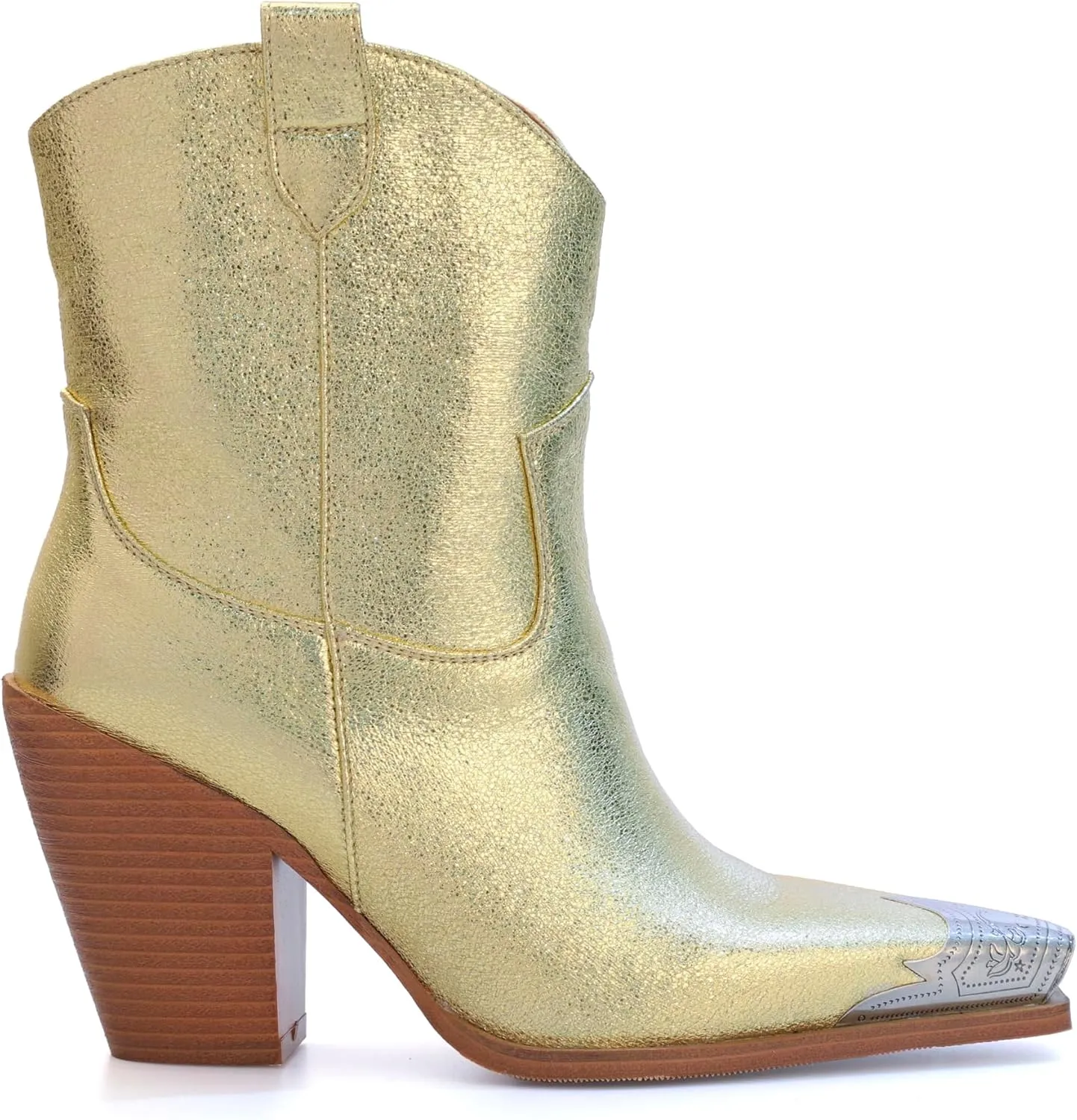Womens Western Ankle Boots Engraved Metal Toe Cowgirl Booties Stacked Block Heeled Cowboy Boots Fashion Western Party Heeled Shoes