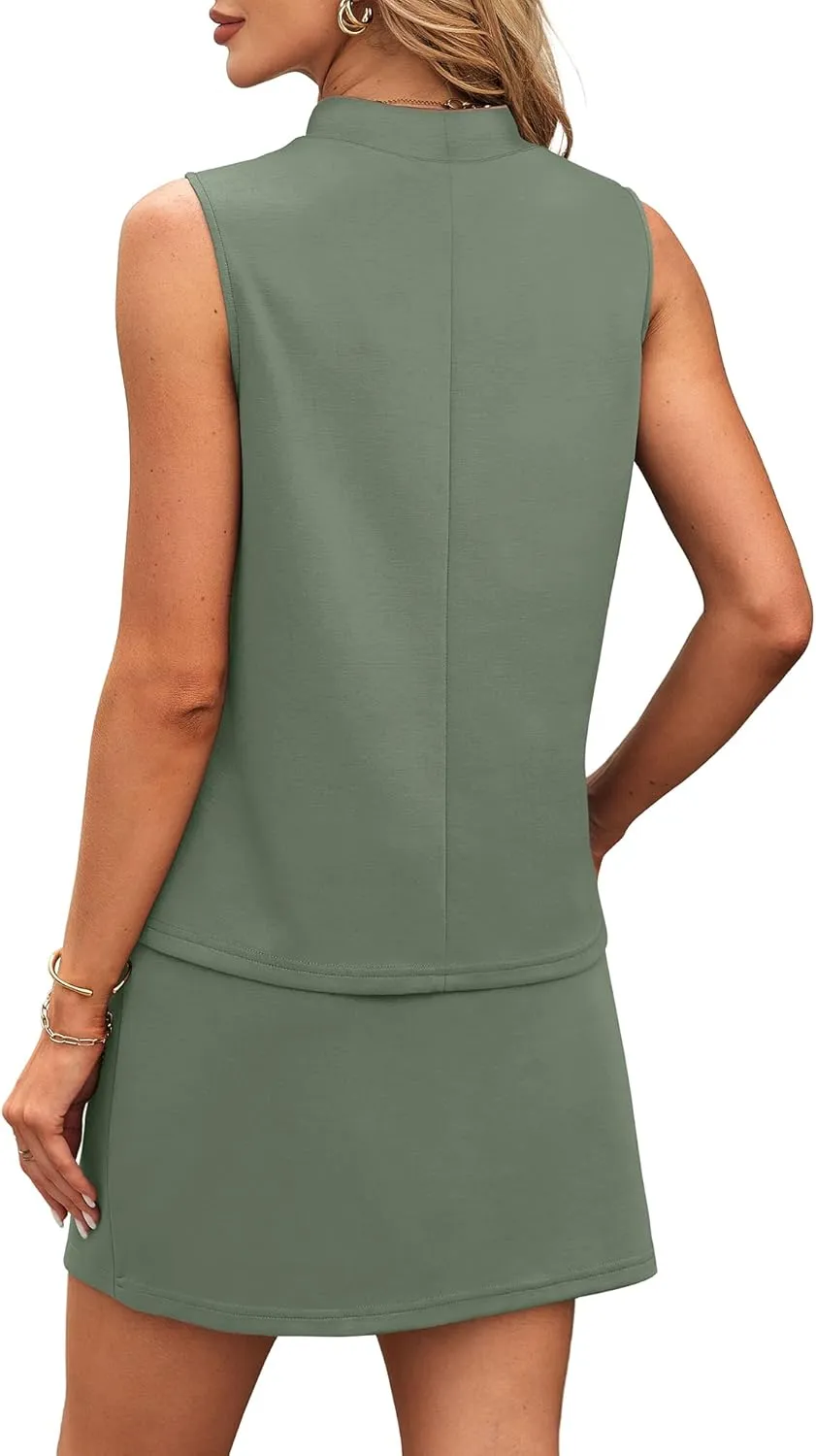 XIEERDUO Two Piece Skirt Sets for Women Summer Beach Vacation Outfits Mock Neck Tops Tennis Skirt Lounge Matching Sets