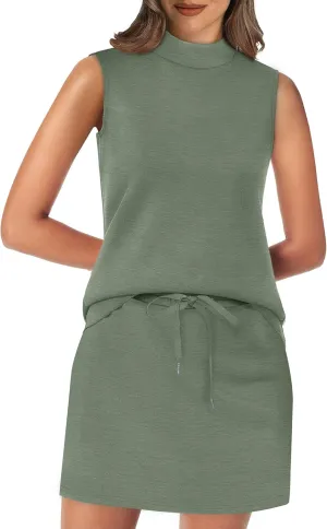 XIEERDUO Two Piece Skirt Sets for Women Summer Beach Vacation Outfits Mock Neck Tops Tennis Skirt Lounge Matching Sets