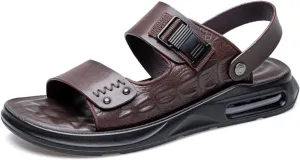 XOEKDMen's Crocodile Pattern Leather Air Cushion Soft Bottom Sandals Fashionable and Non-Slip Round Open Toe Adjustable Ankle Strap Beach Slippers Suitable Outdoor Hiking
