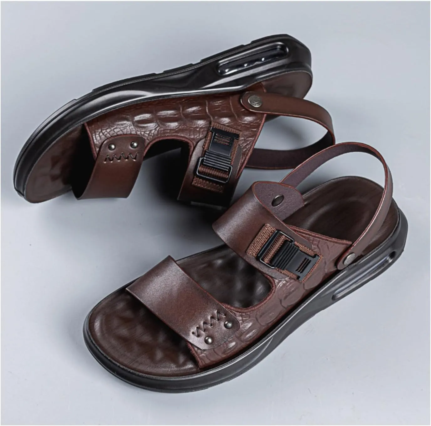 XOEKDMen's Crocodile Pattern Leather Air Cushion Soft Bottom Sandals Fashionable and Non-Slip Round Open Toe Adjustable Ankle Strap Beach Slippers Suitable Outdoor Hiking