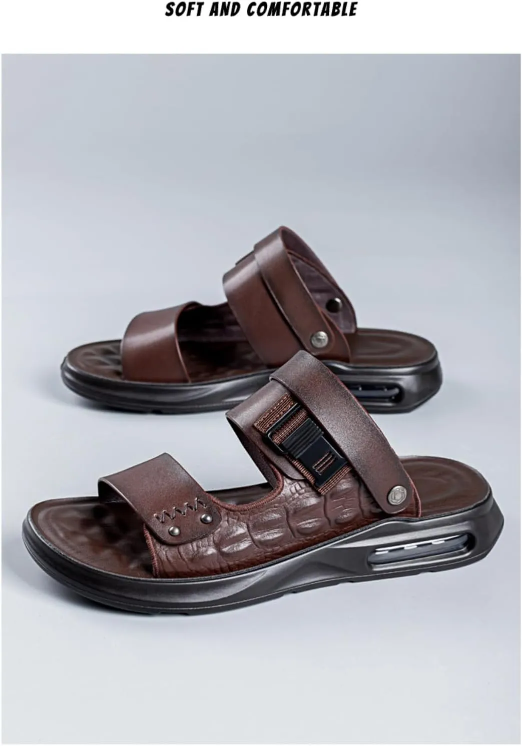 XOEKDMen's Crocodile Pattern Leather Air Cushion Soft Bottom Sandals Fashionable and Non-Slip Round Open Toe Adjustable Ankle Strap Beach Slippers Suitable Outdoor Hiking