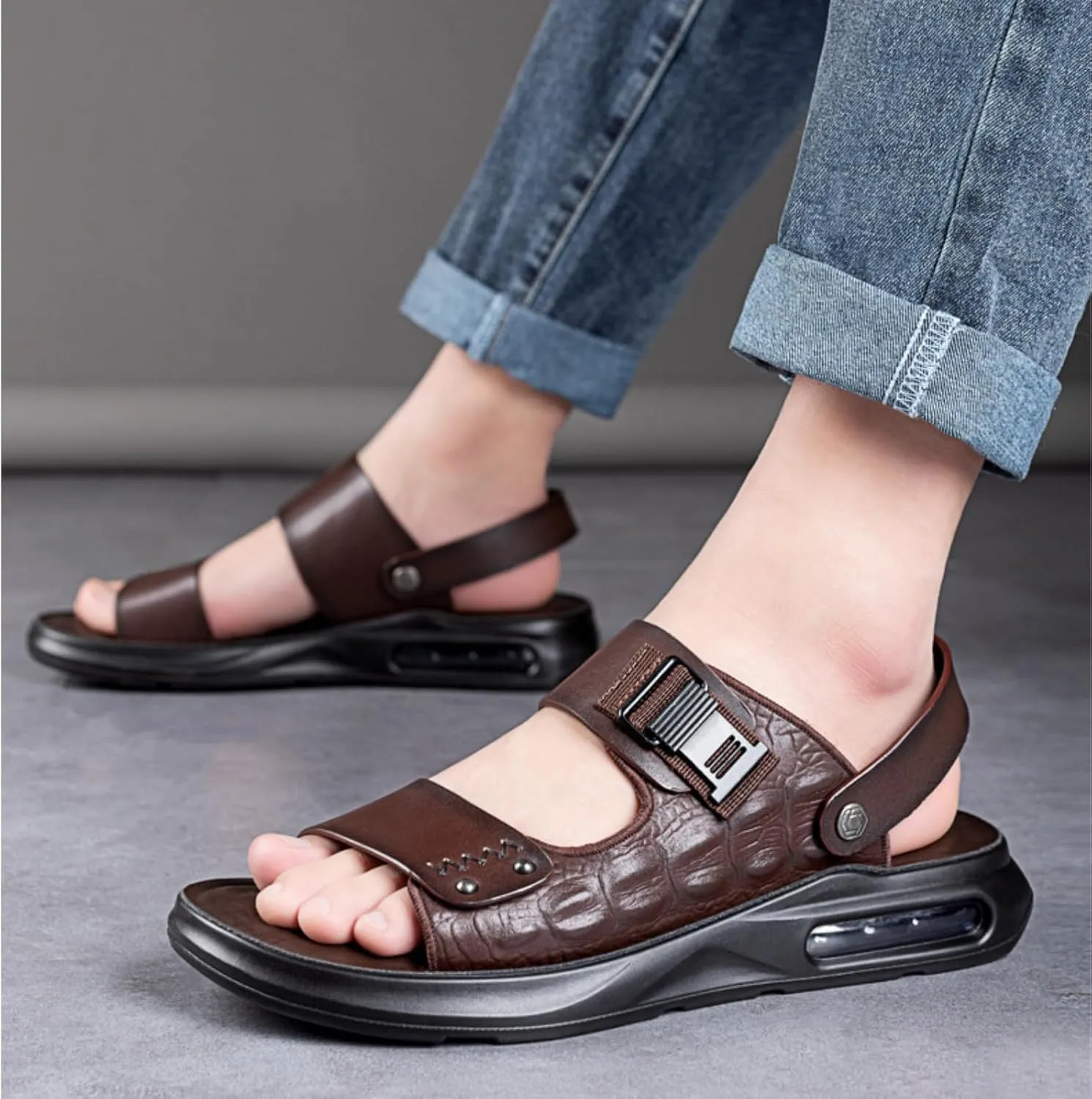 XOEKDMen's Crocodile Pattern Leather Air Cushion Soft Bottom Sandals Fashionable and Non-Slip Round Open Toe Adjustable Ankle Strap Beach Slippers Suitable Outdoor Hiking