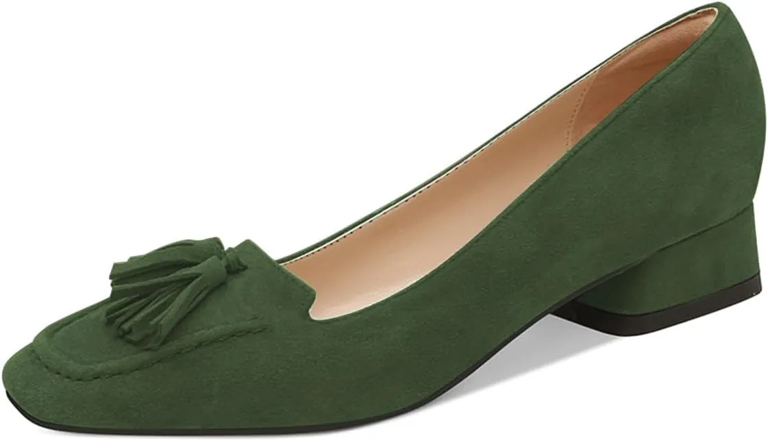 YDN Women Chunky Block Low Heel Loafers Square Toe Tassel Fringed Pump Slip On Dress Party Office Daily Shoe Size 4-15 US