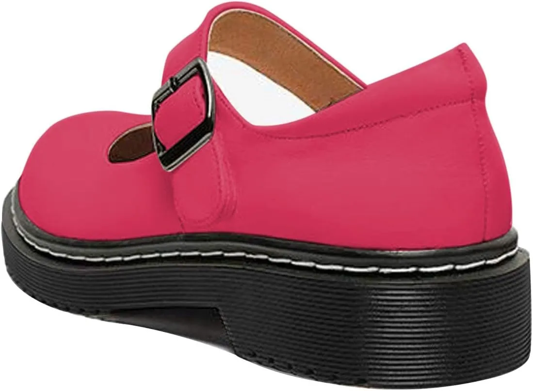 YDN Women Classic Round Closed Toe Mary Jane Flats Platform Adjustable Single Ankle Strap Buckle Comfy Cute Pump Leather Patry Cosplay Girls Dress Shoe Size 4-16
