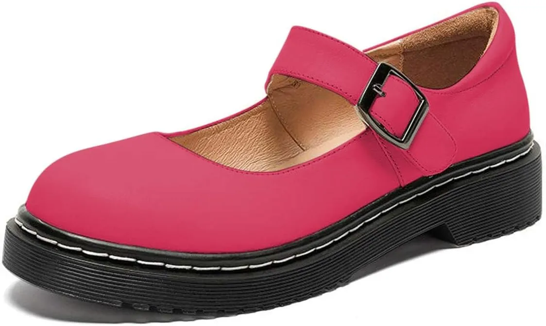 YDN Women Classic Round Closed Toe Mary Jane Flats Platform Adjustable Single Ankle Strap Buckle Comfy Cute Pump Leather Patry Cosplay Girls Dress Shoe Size 4-16