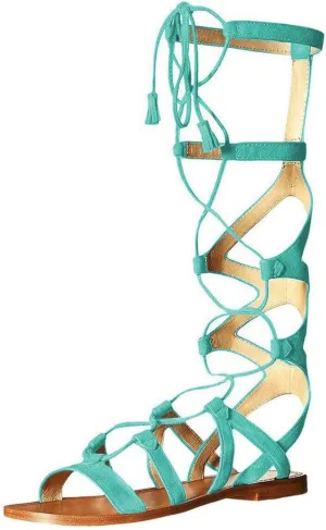 YDN Women Sexy Knee High Lace up Flats Fringe Low Heel Gladiator Strap Sandals Shoe
