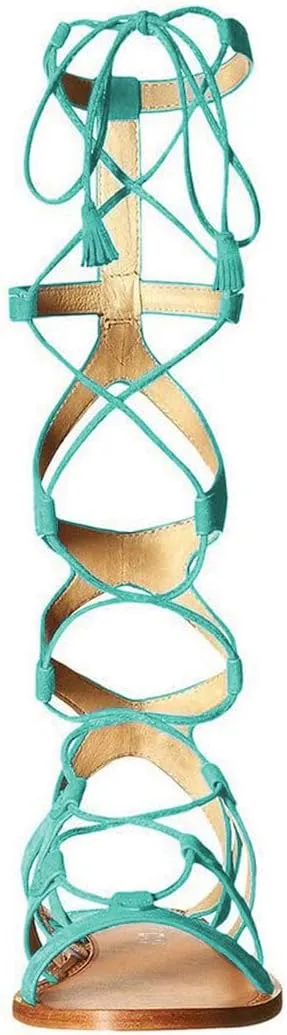 YDN Women Sexy Knee High Lace up Flats Fringe Low Heel Gladiator Strap Sandals Shoe