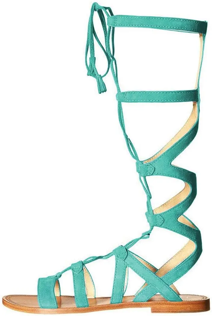 YDN Women Sexy Knee High Lace up Flats Fringe Low Heel Gladiator Strap Sandals Shoe