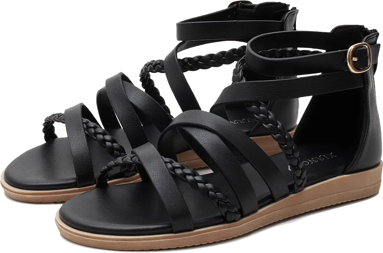 YEOJOU Gladiator Sandals for Women Strappy Leather Flat Sandals Open Toe Ankle Strap Back Zipper Comfortable Dressy Summer Shoes