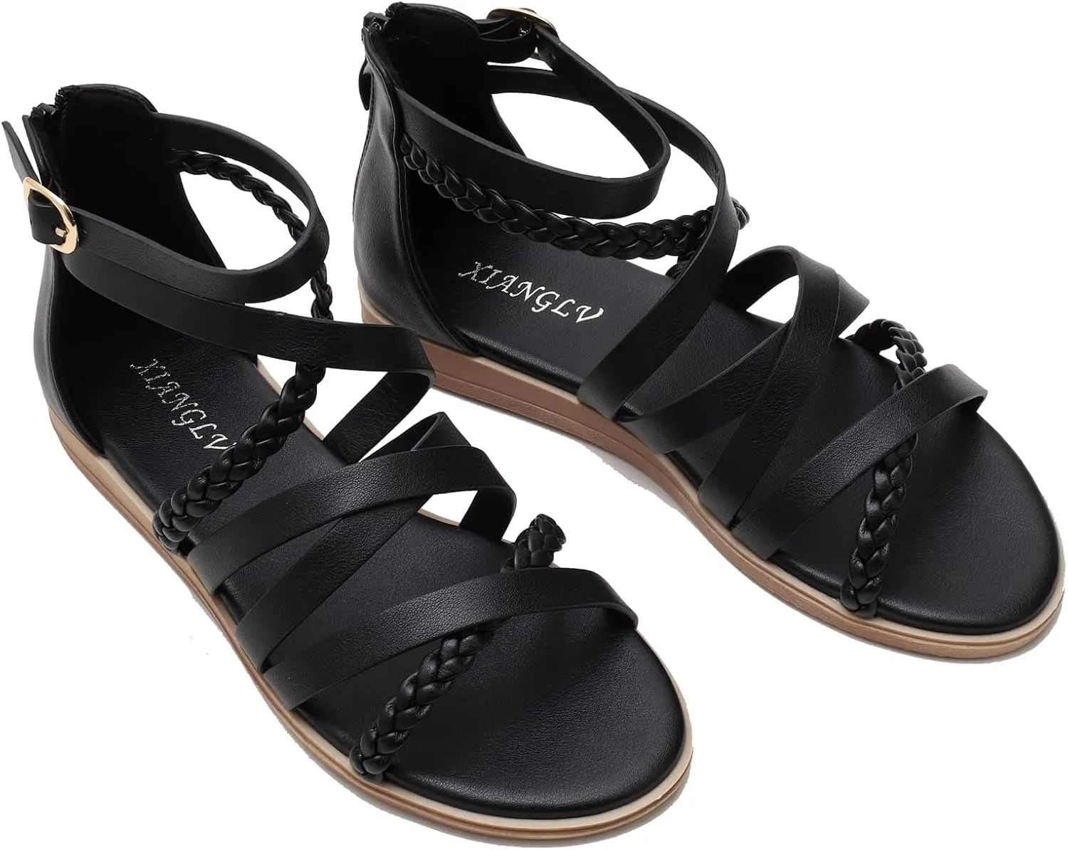 YEOJOU Gladiator Sandals for Women Strappy Leather Flat Sandals Open Toe Ankle Strap Back Zipper Comfortable Dressy Summer Shoes