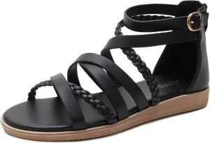 YEOJOU Gladiator Sandals for Women Strappy Leather Flat Sandals Open Toe Ankle Strap Back Zipper Comfortable Dressy Summer Shoes