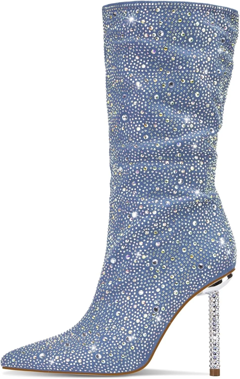 YIYA Women's Denim Rhinestone Mid Calf Boots Pointed Toe Stiletto High Heels Boots,10 US