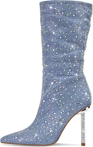 YIYA Women's Denim Rhinestone Mid Calf Boots Pointed Toe Stiletto High Heels Boots,10 US