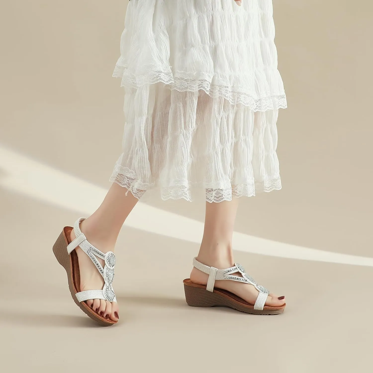 youngshow Wedge Sandals for Women Summer Comfy Elastic Ankle Strap Low Heel Dress Shoes Gladiator Sandals Beach