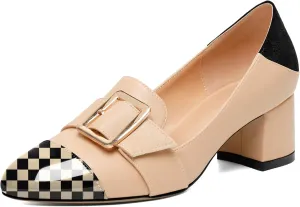 Zamikoo Block Heels for Women, Round Cap Toe Slip On Low Heel Pumps with Buckle Strap, Chunky Low Heels Loafers Pumps Dress Shoes for Wedding Party Office 2 Inches