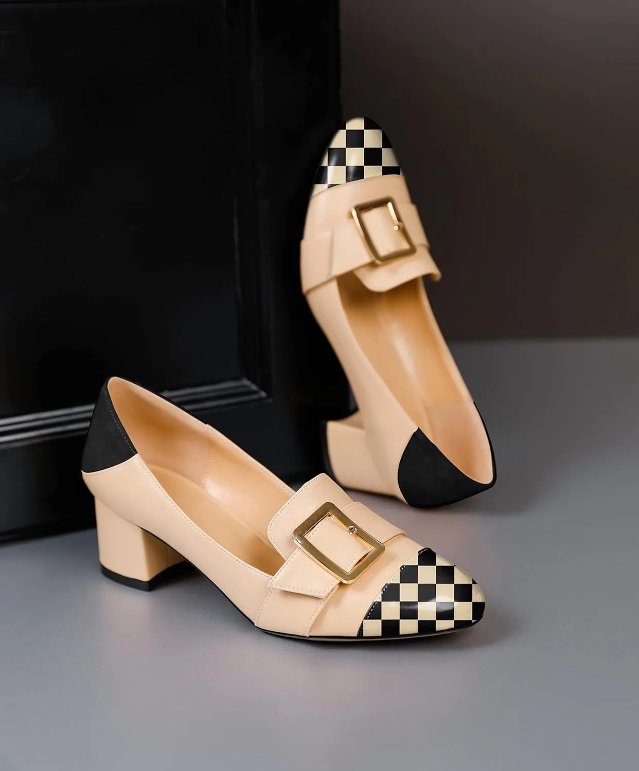 Zamikoo Block Heels for Women, Round Cap Toe Slip On Low Heel Pumps with Buckle Strap, Chunky Low Heels Loafers Pumps Dress Shoes for Wedding Party Office 2 Inches
