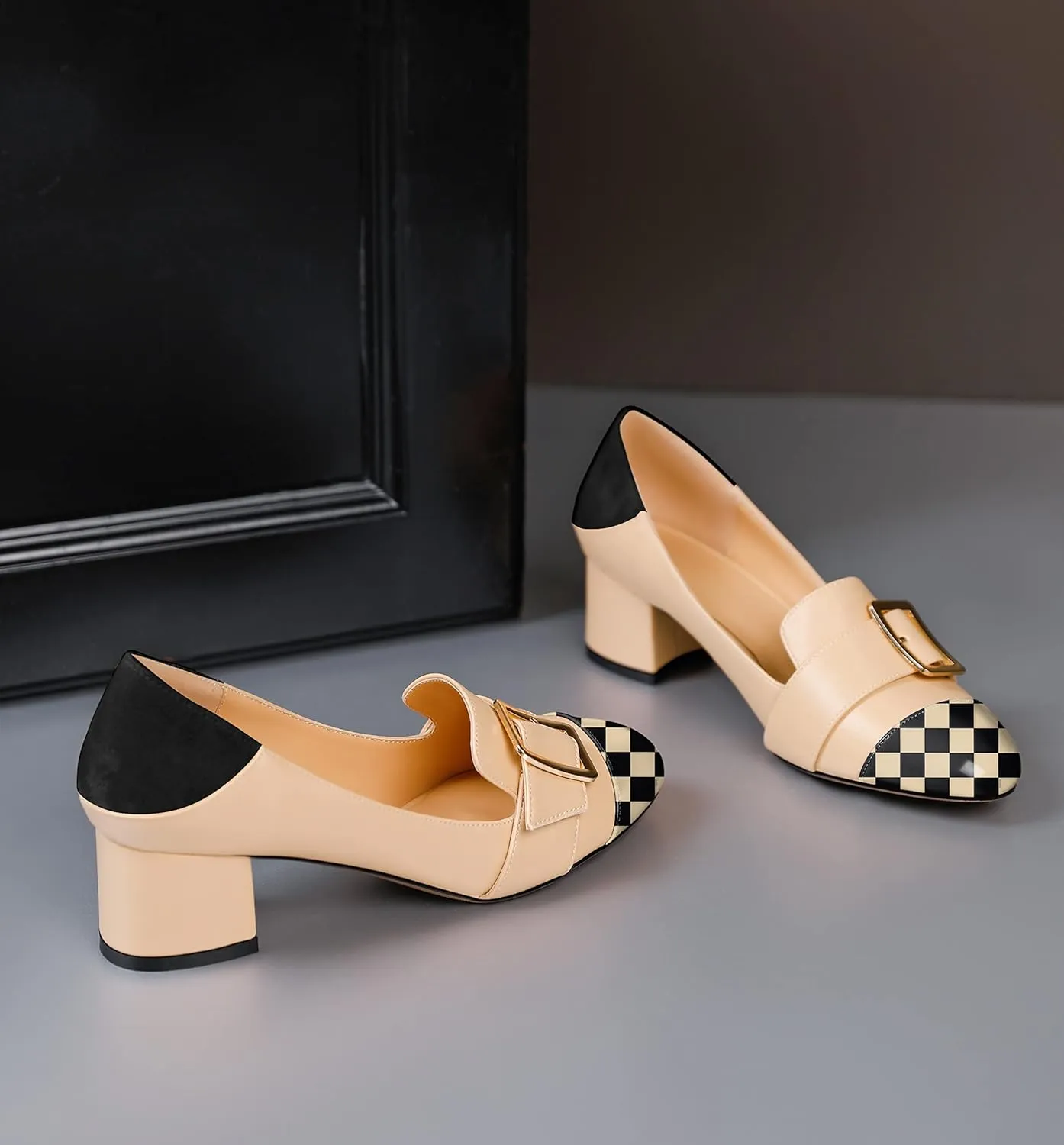 Zamikoo Block Heels for Women, Round Cap Toe Slip On Low Heel Pumps with Buckle Strap, Chunky Low Heels Loafers Pumps Dress Shoes for Wedding Party Office 2 Inches