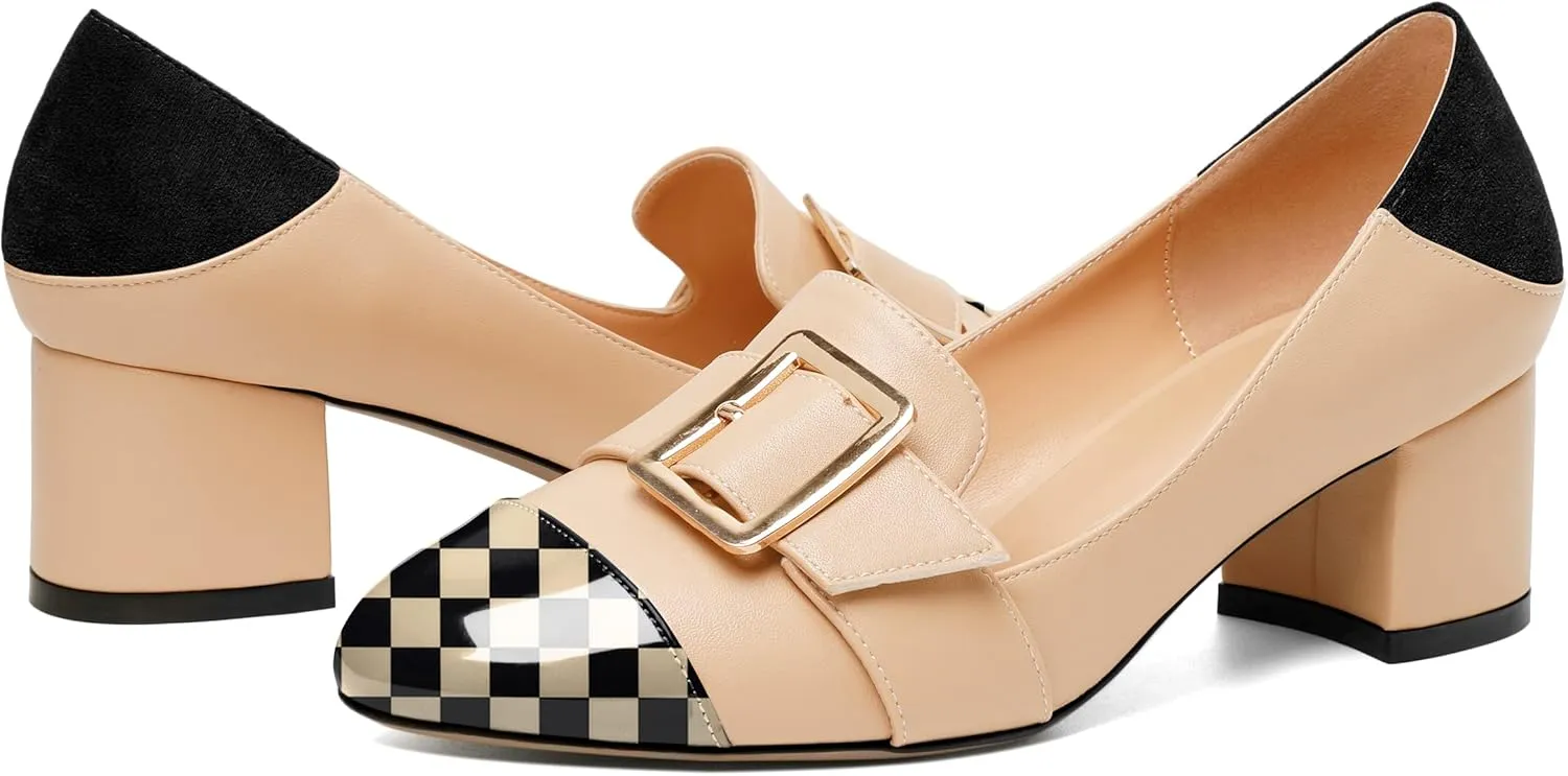 Zamikoo Block Heels for Women, Round Cap Toe Slip On Low Heel Pumps with Buckle Strap, Chunky Low Heels Loafers Pumps Dress Shoes for Wedding Party Office 2 Inches